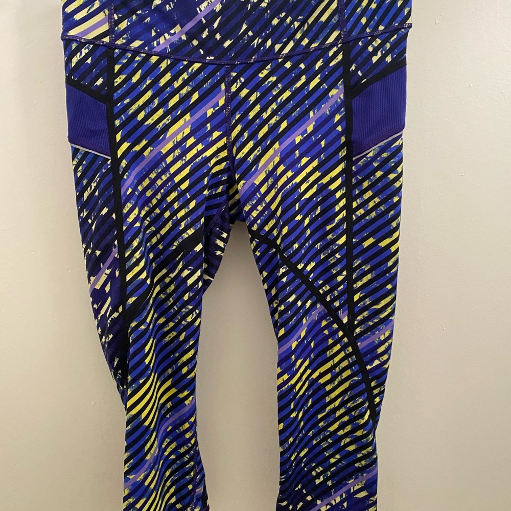 Athleta Purple & Yellow Radical Stride Mid Length Capri Leggings Medium Active